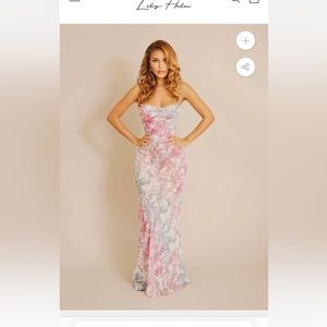 Lily Helu Mahini semi sheer Maxi Dress Cowl neck, adjustable straps. Size S. New